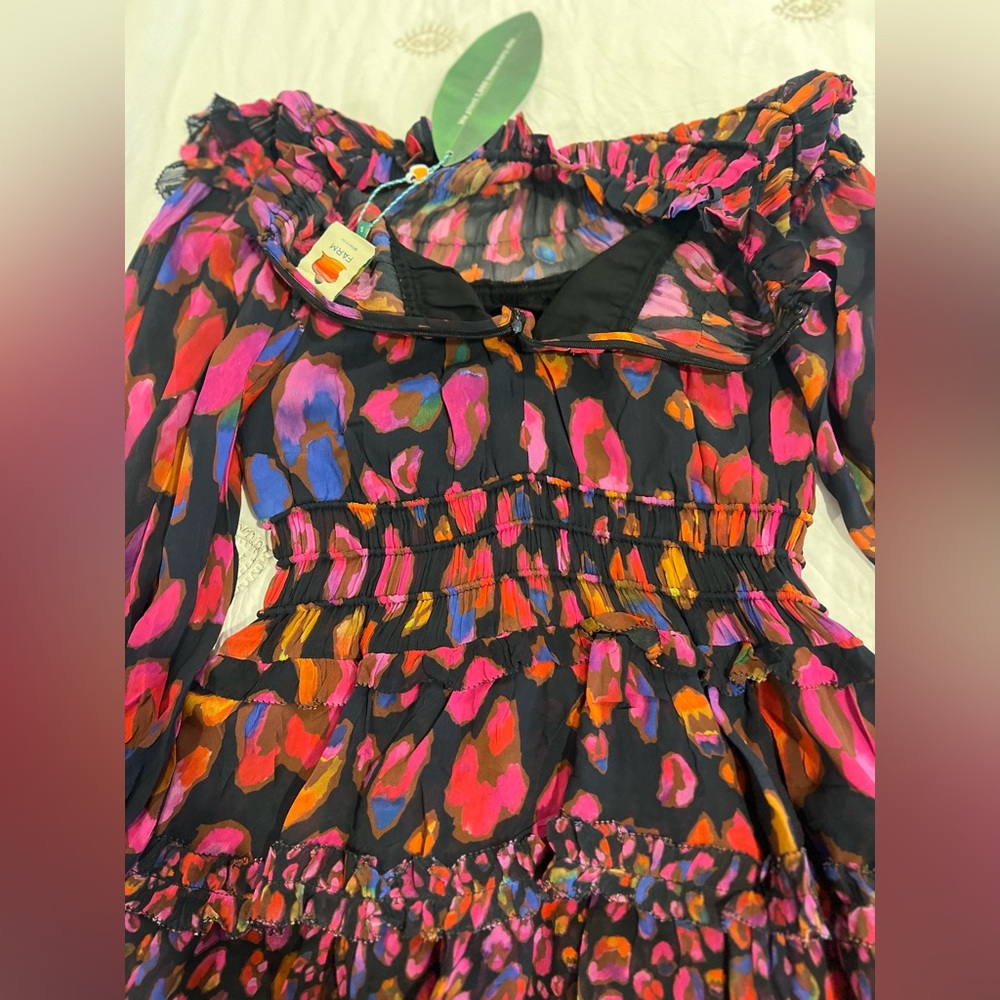 Farm Rio Iridescent Leopard Print Mini Dress With Ruffled DetailsLong SleevesNWT - Picture 9 of 10